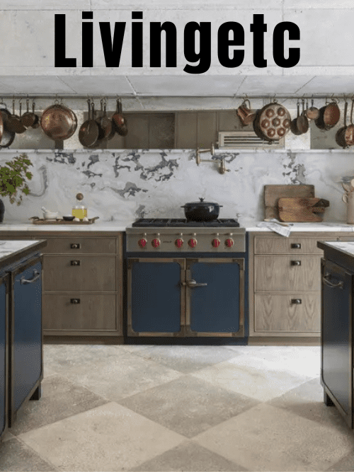 Modern kitchen with marble backsplash, wooden cabinets, blue accents, hanging copper cookware, and a large stove, featured under the "Livingetc" magazine masthead.