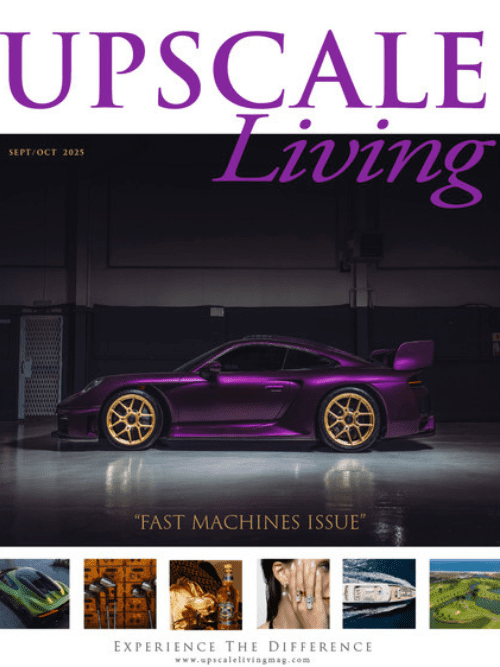 Cover of Upscale Living magazine, September/October 2025, featuring a purple sports car in a garage and the headline "FAST MACHINES ISSUE.